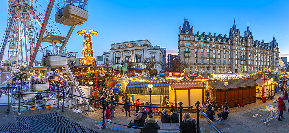 View of ferris wheel and Christmas Market from St. Georges Hall, Liverpool City Centre, Liverpool, Merseyside, England, United Kingdom, Europe