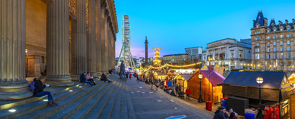 View of ferris wheel and Christmas Market from St. Georges Hall, Liverpool City Centre, Liverpool, Merseyside, England, United Kingdom, Europe