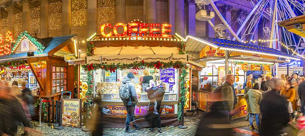 View of Christmas Market and St. Georges Hall, Liverpool City Centre, Liverpool, Merseyside, England, United Kingdom, Europe