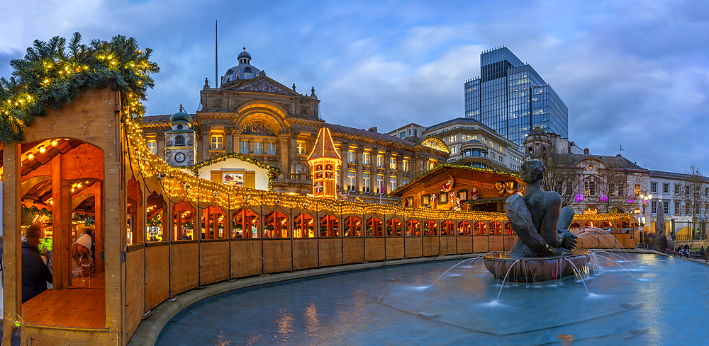 View of Christmas Market stalls in Victoria Square, Birmingham, West Midlands, England, United Kingdom, Europe