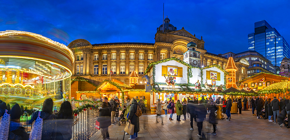 View of Christmas Market stalls in Victoria Square at dusk, Birmingham, West Midlands, England, United Kingdom, Europe