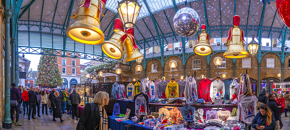 View of Christmas decorations in the Apple Market, Covent Garden, London, England, United Kingdom, Europe