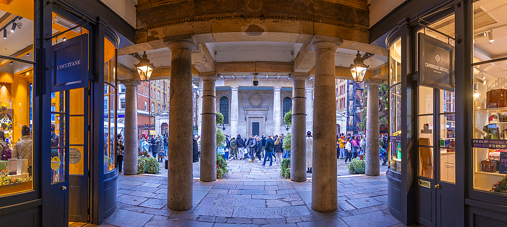 View of St. Paul's Church from the Apple Market at Christmas, Covent Garden, London, England, United Kingdom, Europe