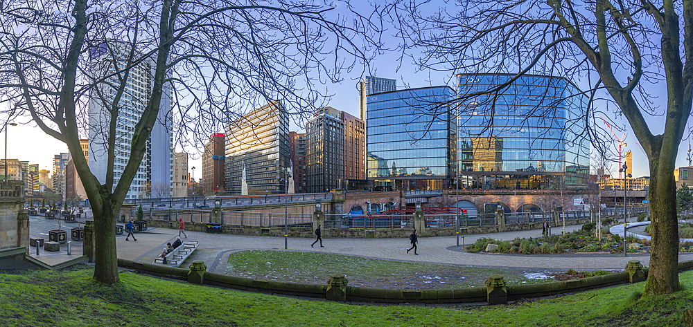 View of contemporary architecture from Cathedral Gardens, Manchester, Lancashire, England, United Kingdom, Europe