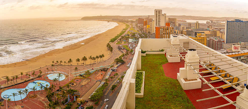 Elevated view of beaches, promenade and Indian Ocean, Durban, KwaZulu-Natal Province, South Africa, Africa