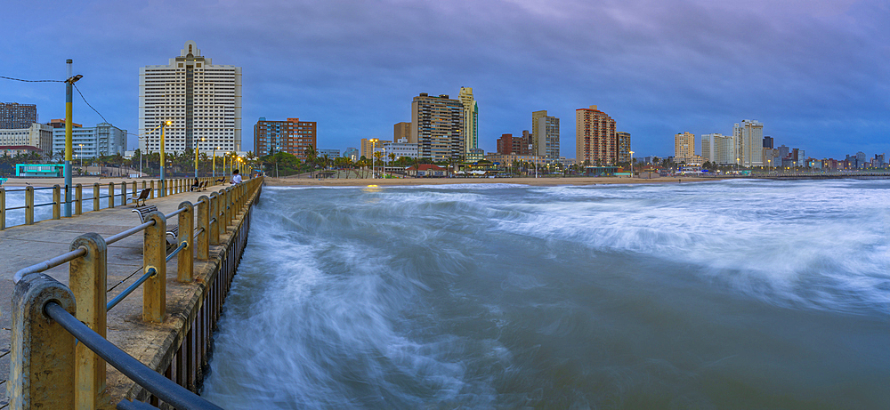 View of beaches, promenade and hotels from New Pier at dusk, Durban, KwaZulu-Natal Province, South Africa, Africa