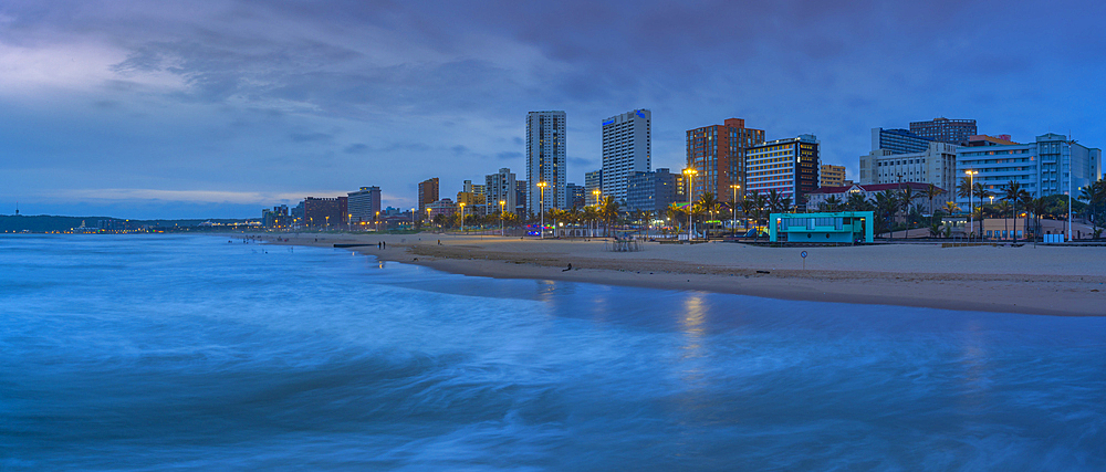 View of beaches, promenade and hotels from New Pier at dusk, Durban, KwaZulu-Natal Province, South Africa, Africa