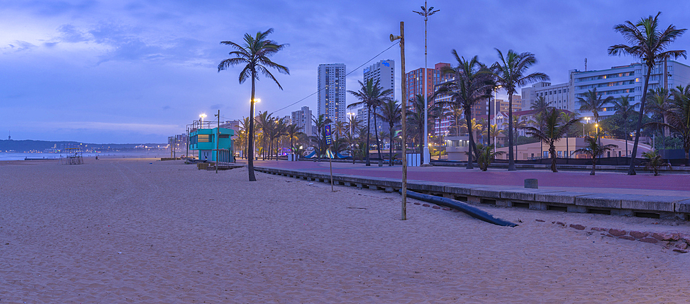 View of beaches, promenade and hotels from New Pier at dusk, Durban, KwaZulu-Natal Province, South Africa, Africa