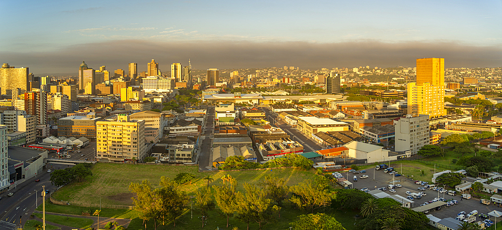 Elevated view of Durban city skyline at sunrise, Durban, KwaZulu-Natal Province, South Africa, Africa