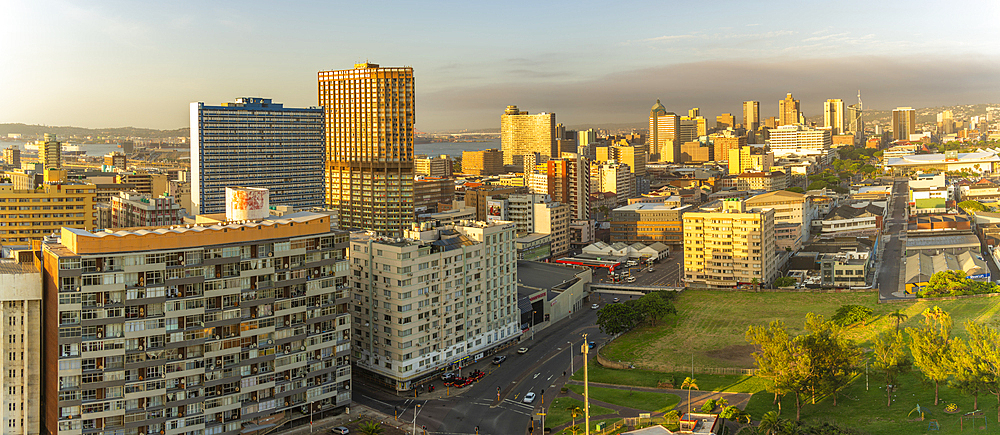 Elevated view of Durban city skyline at sunrise, Durban, KwaZulu-Natal Province, South Africa, Africa