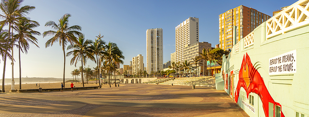 View of promenade, colourful wall art and hotels, Durban, KwaZulu-Natal Province, South Africa, Africa