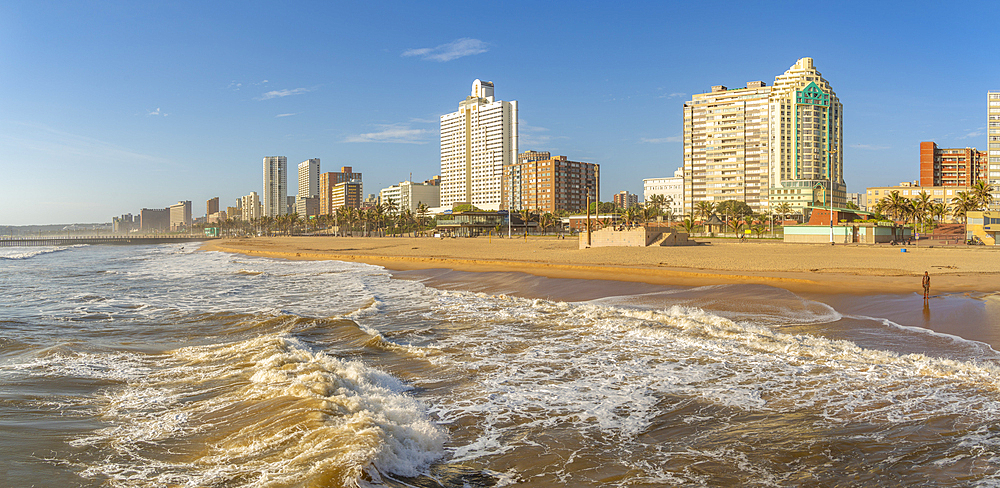 View of promenade, beach and hotels from pier in Indian Ocean, Durban, KwaZulu-Natal Province, South Africa, Africa