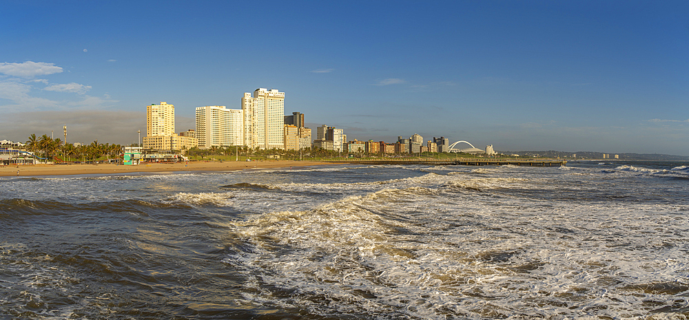 View of promenade, beach and hotels from pier in Indian Ocean, Durban, KwaZulu-Natal Province, South Africa, Africa