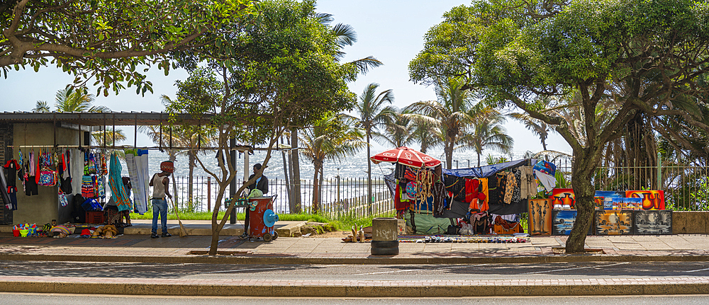 View of souvenir stall under tree on promenade, Durban, KwaZulu-Natal Province, South Africa, Africa