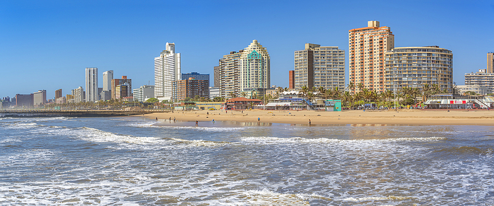 View of promenade, beach and hotels from pier in Indian Ocean, Durban, KwaZulu-Natal Province, South Africa, Africa