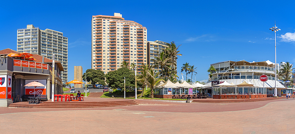 View of shops, restaurants and bars on promenade, Durban, KwaZulu-Natal Province, South Africa, Africa