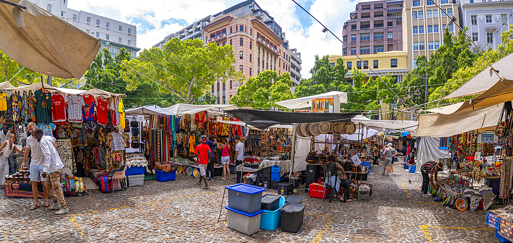 View of colourful souvenir stalls on Greenmarket Square, Cape Town, Western Cape, South Africa, Africa