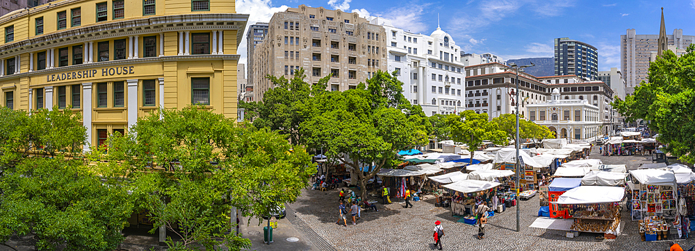 Elevated view of colourful souvenir stalls on Greenmarket Square, Cape Town, Western Cape, South Africa, Africa