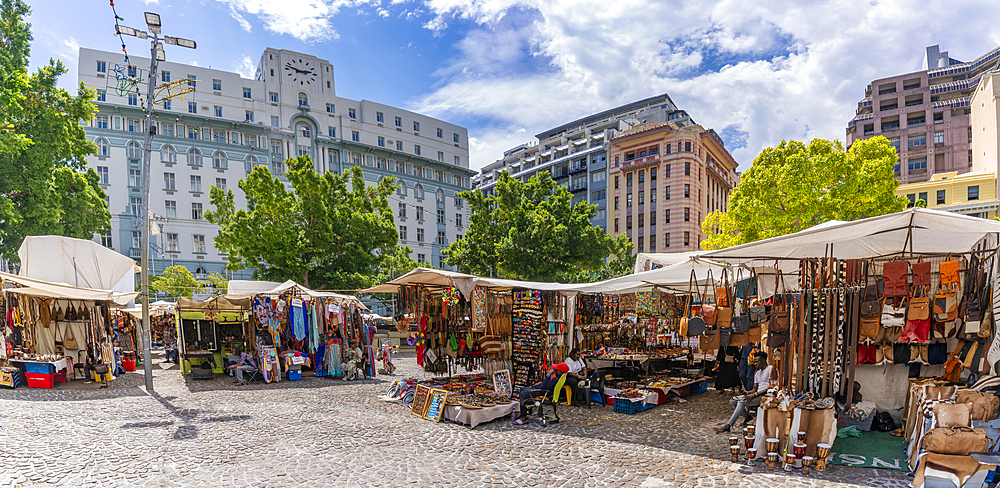 View of colourful souvenir stalls on Greenmarket Square, Cape Town, Western Cape, South Africa, Africa