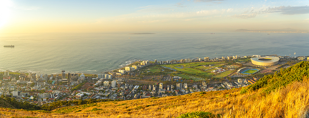 View of Sea Point and DHL Stadium in Cape Town from Signal Hill at sunset, Cape Town, Western Cape, South Africa, Africa