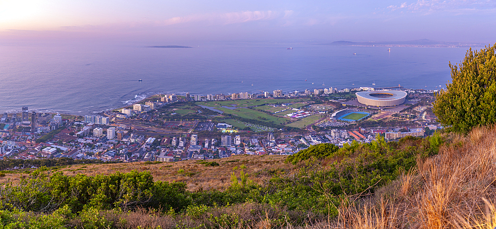 View of DHL Stadium in Cape Town from Signal Hill at dusk, Cape Town, Western Cape, South Africa, Africa