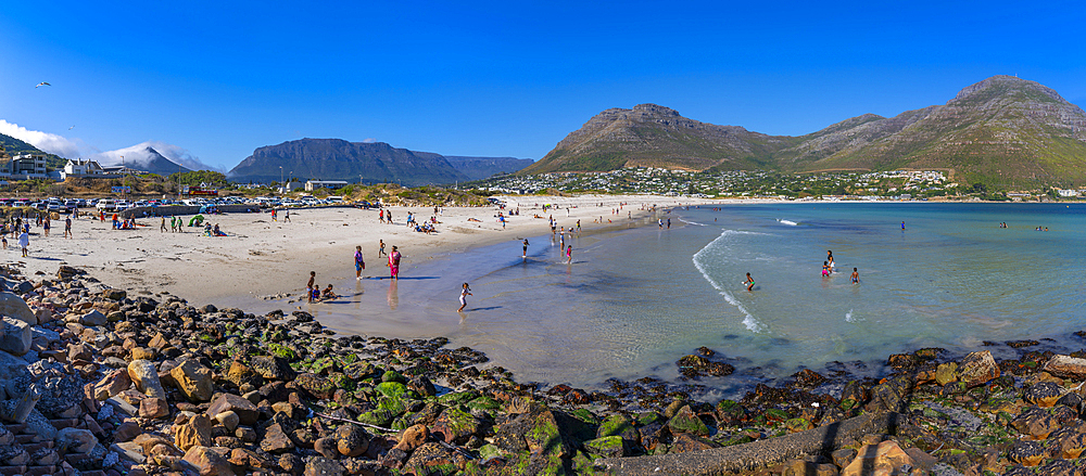 View of people bathing on Hout Bay Beach, Hout Bay, Cape Town, Western Cape, South Africa, Africa