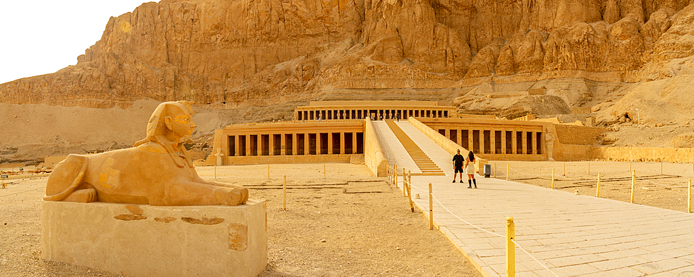 View of sphinx and Mortuary Temple of Hatshepsut, UNESCO World Heritage Site, Deir el-Bahari, Thebes, Egypt, North Africa, Africa