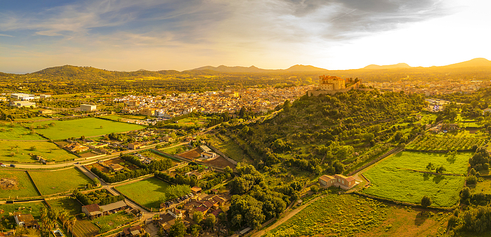 Aerial view of hilltop Santuari de Sant Salvador church in Arta, Majorca, Balearic Islands, Spain, Mediterranean, Europe