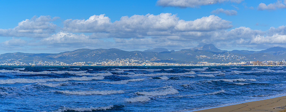 View of Palma and hills in background from S'Arenal, S'Arenal, Palma, Majorca, Balearic Islands, Spain, Mediterranean, Europe