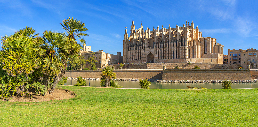 View of Cathedral-Basílica de Santa Maria de Mallorca from Passeig Marítime, Palma de Mallorca, Majorca, Balearic Islands, Spain, Mediterranean, Europe