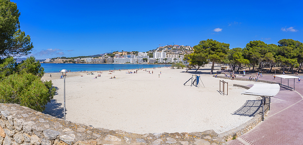 View of beach and hotels in Santa Ponsa, Majorca, Balearic Islands, Spain, Mediterranean, Europe