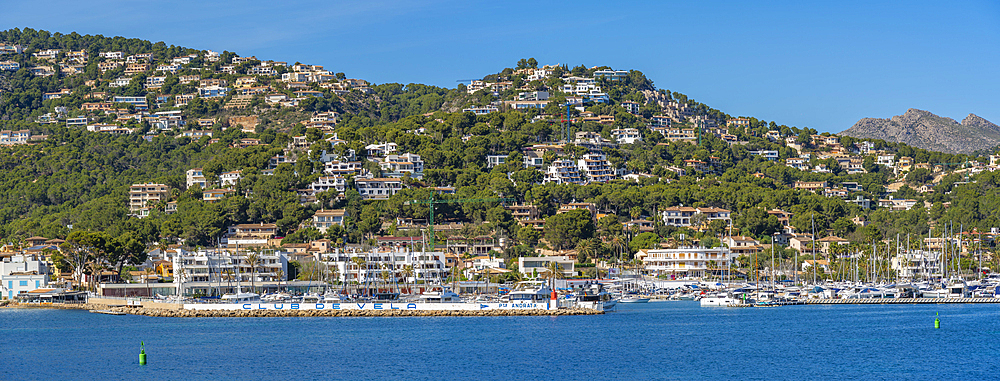 View of villas, houses and apartments overlooking marina at Port d'Andratx, Majorca, Balearic Islands, Spain, Mediterranean, Europe