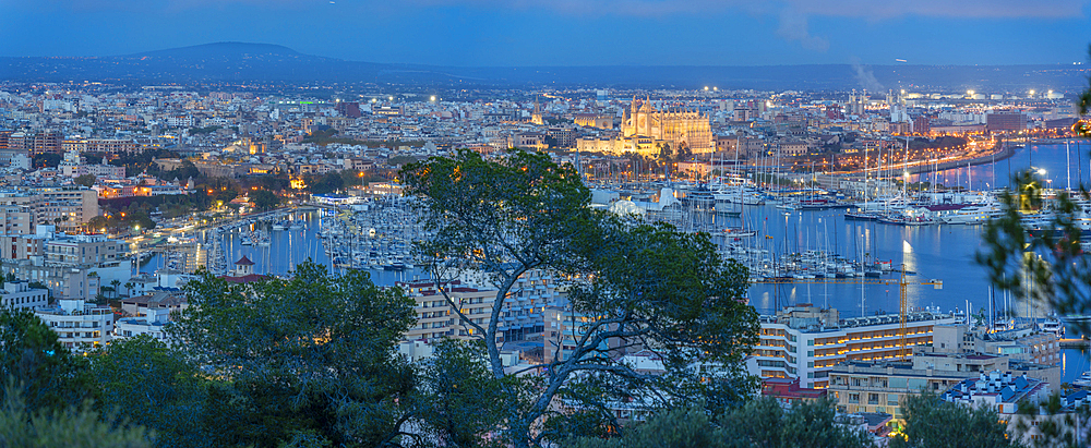 View of city skyline of Palma and cathedral from Castell de Bellver at dusk, Majorca, Balearic Islands, Spain, Mediterranean, Europe