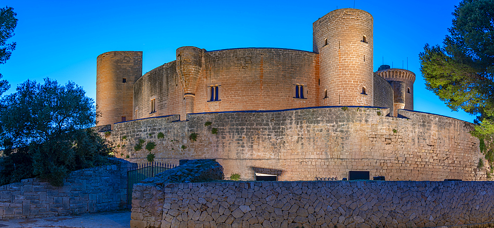 View of Castell de Bellver at dusk, Palma, Majorca, Balearic Islands, Spain, Mediterranean, Europe