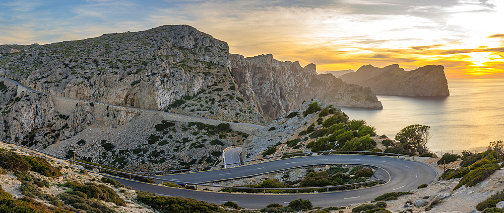 View of sunset and road leading to Cap Formentor, Majorca, Balearic Islands, Spain, Mediterranean, Europe