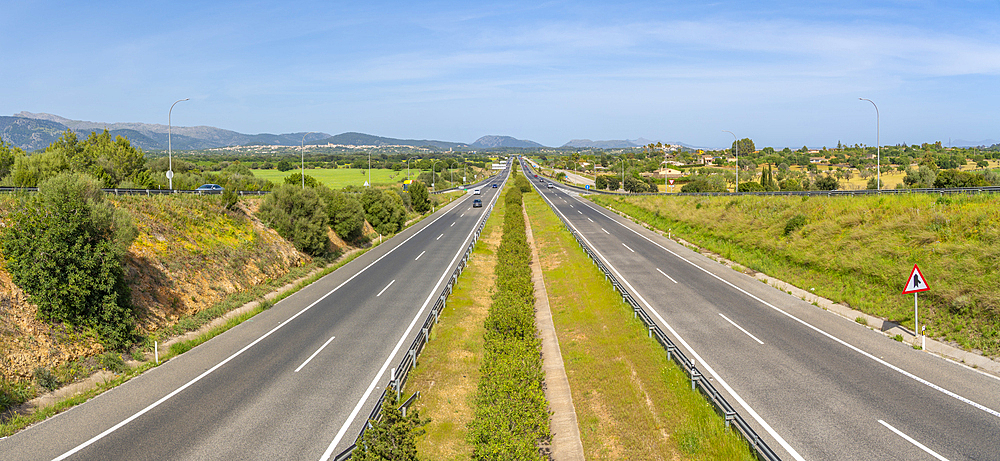 View of road and hills near Inca, Majorca, Balearic Islands, Spain, Mediterranean, Europe