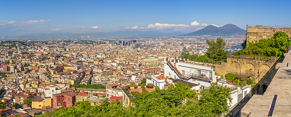 Elevated view from Castel Sant'Elmo of Naples and Mount Vesuvius in the background, Naples, Campania, Italy, Europe