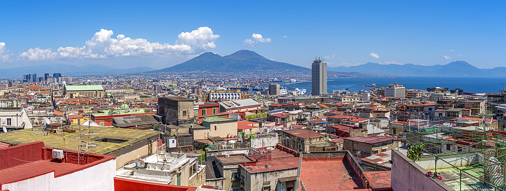 Elevated view of Naples and Mount Vesuvius in the background, Naples, Campania, Italy, Europe