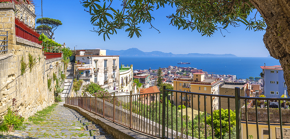 Elevated view of Naples and Amalfi Coast in background, Naples, Campania, Italy, Europe