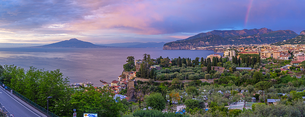 Panoramic view of Sorrento, Mount Vesuvius and Bay of Naples at sunset, Sorrento, Campania, Italy, Mediterranean, Europe