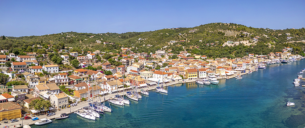 Aerial view of Gaios, the main port and harbour on the island of Paxos, Paxos, Ionian Islands, Greek Islands, Greece, Europe