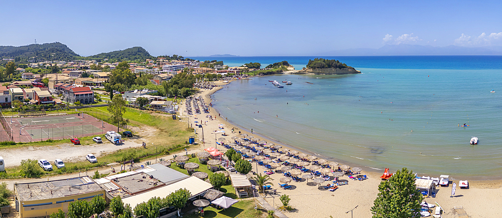 Aerial view of town and Paralia Sidari Beach, Sidari, Ionian Islands, Greek Islands, Greece, Europe