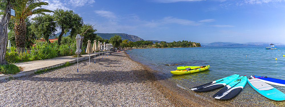 View of surf boards on Dassia Beach and Ionian Sea, Dassia, Corfu, Ionian Sea, Greek Islands, Greece, Europe