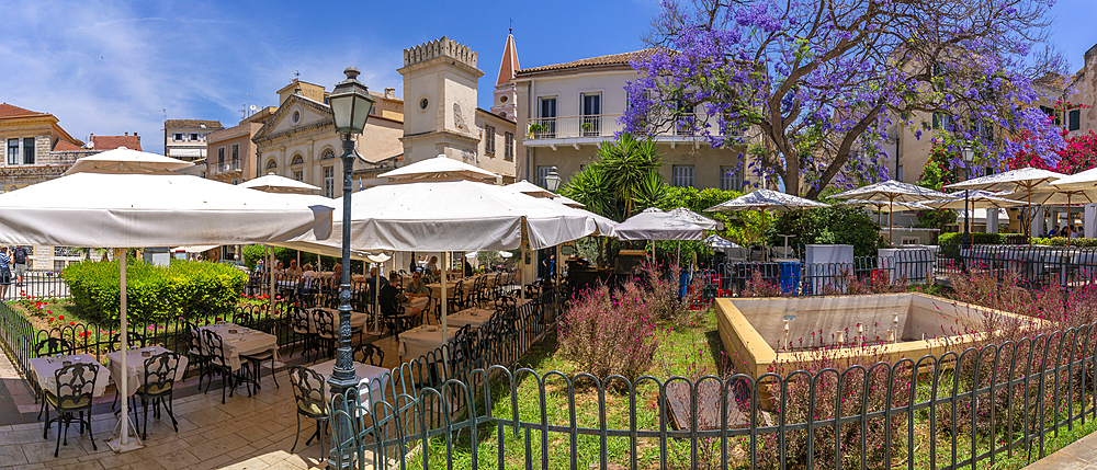 View of restaurant in Dimarchiou Square, Corfu Town, Corfu, Ionian Sea, Greek Islands, Greece, Europe