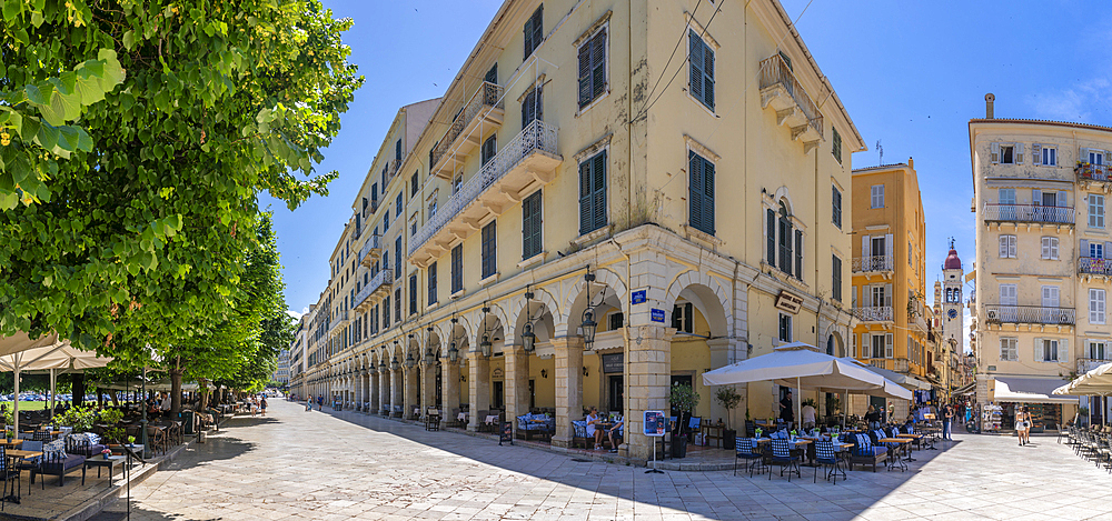 View of buildings and restaurants on the Liston Esplanade, Corfu Old Town, Corfu, The Ionian Islands, Greek Islands, Greece, Europe