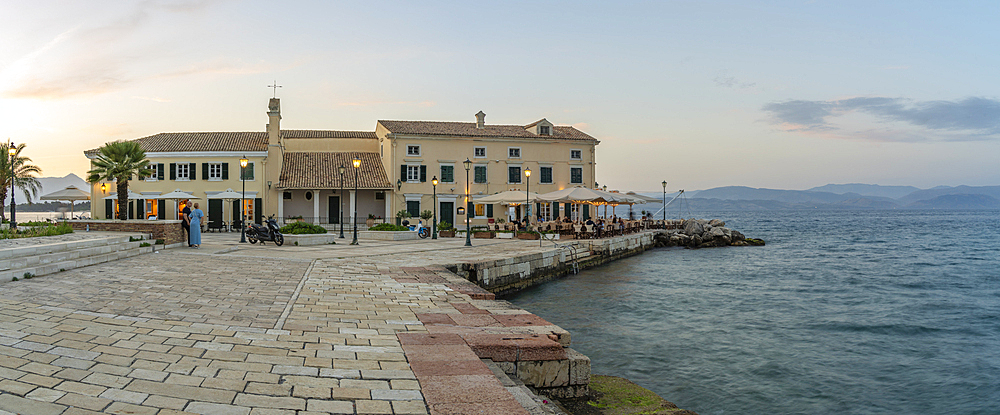 View of Faliraki Corfu at dusk in Corfu Town, Corfu, Ionian Sea, Greek Islands, Greece, Europe