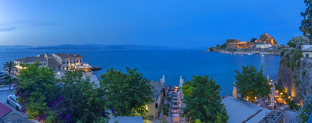 View of Old Fortress of Corfu at dusk, Corfu Town, Corfu, Ionian Sea, Greek Islands, Greece, Europe