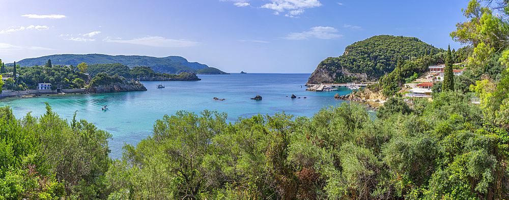 View of coastline and Ionian Sea near Palaiokastritsa, Palaiokastritsa, Corfu, Ionian Sea, Greek Islands, Greece, Europe