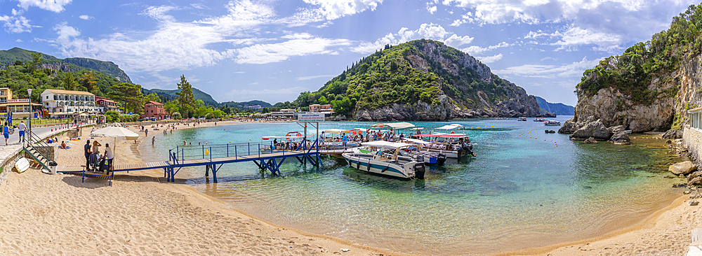 View of Agios Spiridon Beach in Palaiokastritsa, Palaiokastritsa, Corfu, Ionian Sea, Greek Islands, Greece, Europe