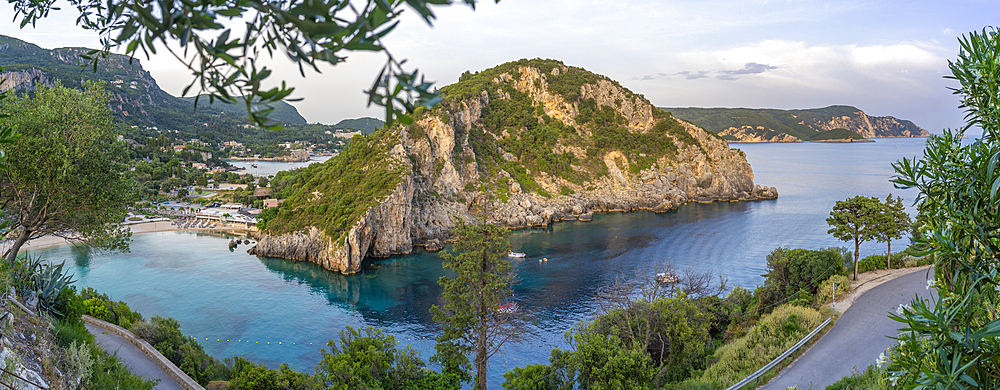 View of coastline from Monastery of Paleokastritsa at sunset, Palaiokastritsa, Corfu, Ionian Sea, Greek Islands, Greece, Europe